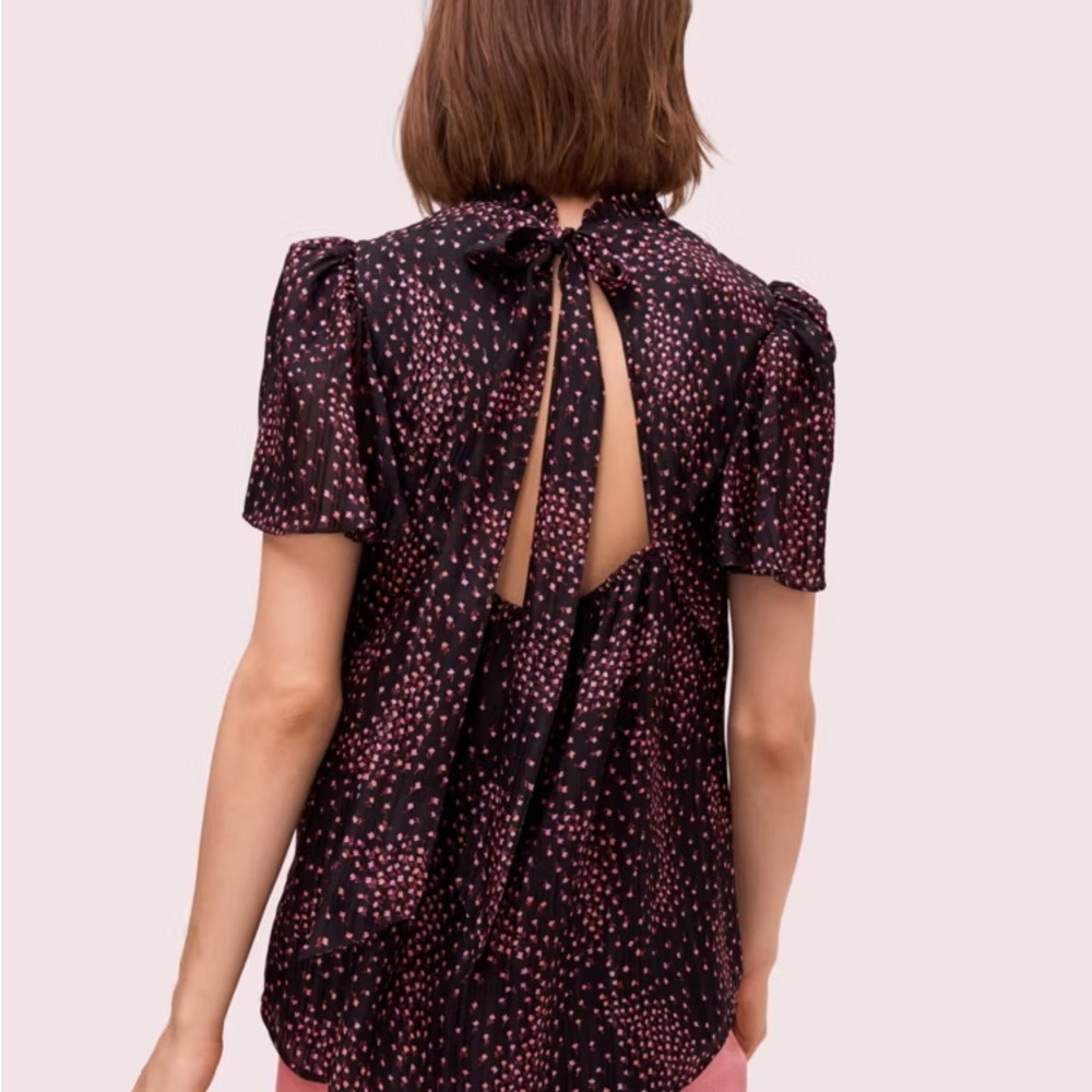 kate spade Black Blouse with Pink Dot Print and Tie-Back Keyhole